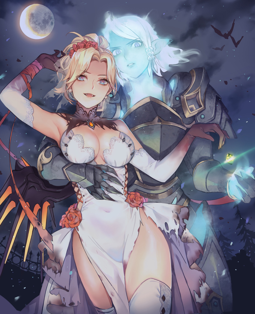 arm_around_waist armor aura bat blonde_hair breasts cleavage commentary dirty dress elbow_gloves fangs flower flying gauntlets gloves glowing hair_flower hair_ornament halloween highres lace_trim lino_chang looking_at_viewer mechanical_wings mercy_(overwatch) moon multiple_girls night night_sky open_mouth overwatch parted_lips pharah_(overwatch) pointy_ears ponytail short_hair sky slit_pupils thighhighs torn_clothes torn_dress vampire white_dress white_gloves white_legwear white_pupils wings yuri