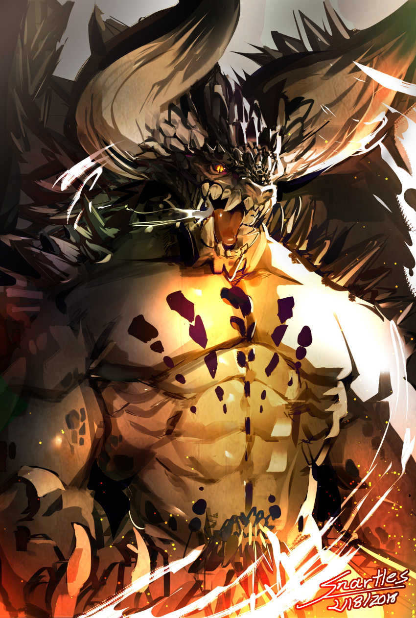 2018 abs absurd_res action_pose anthro biceps big_horns black_scales capcom dragon drooling glowing glowing_eyes half-length_portrait hi_res horn male monster_hunter monster_hunter_world muscular muscular_male nergigante open_mouth pecs portrait pose roaring saliva scales snartlesad solo spines tan_scales teeth tongue video_games wings yellow_eyes