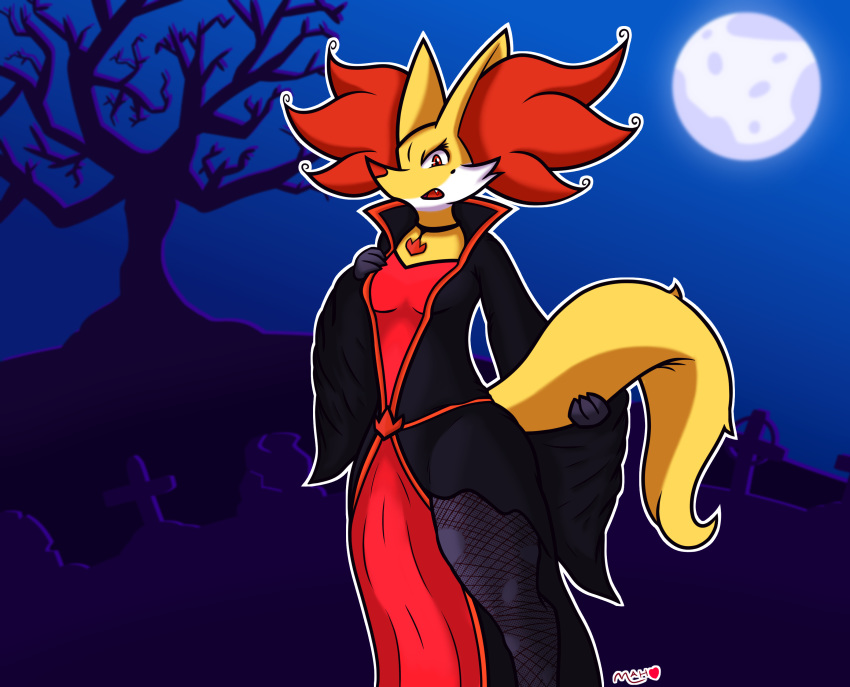 anthro beauty_mark clothing delphox female halloween hi_res holidays inner_ear_fluff looking_at_viewer mahoxy nintendo pok&eacute;mon pok&eacute;mon_(species) solo vampire video_games