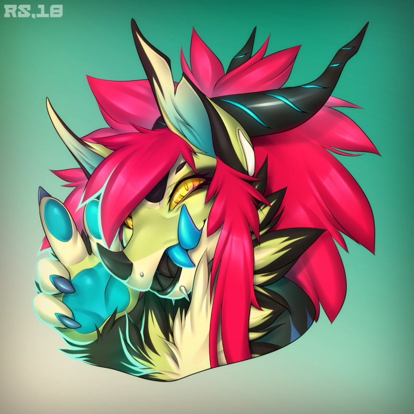 2018 5_fingers ambiguous_gender anthro black_fur black_teeth blue_claws blue_tusk chimereon claws evilyn_(bitch.) eyelashes facial_piercing fur green_background green_fur hair headshot_portrait hi_res horn lip_piercing looking_at_viewer mammal multicolored_hair notched_ear pawpads piercing pink_hair portrait radiant_scar sharp_teeth simple_background smile solo teeth toothy_grin tusks yellow_eyes