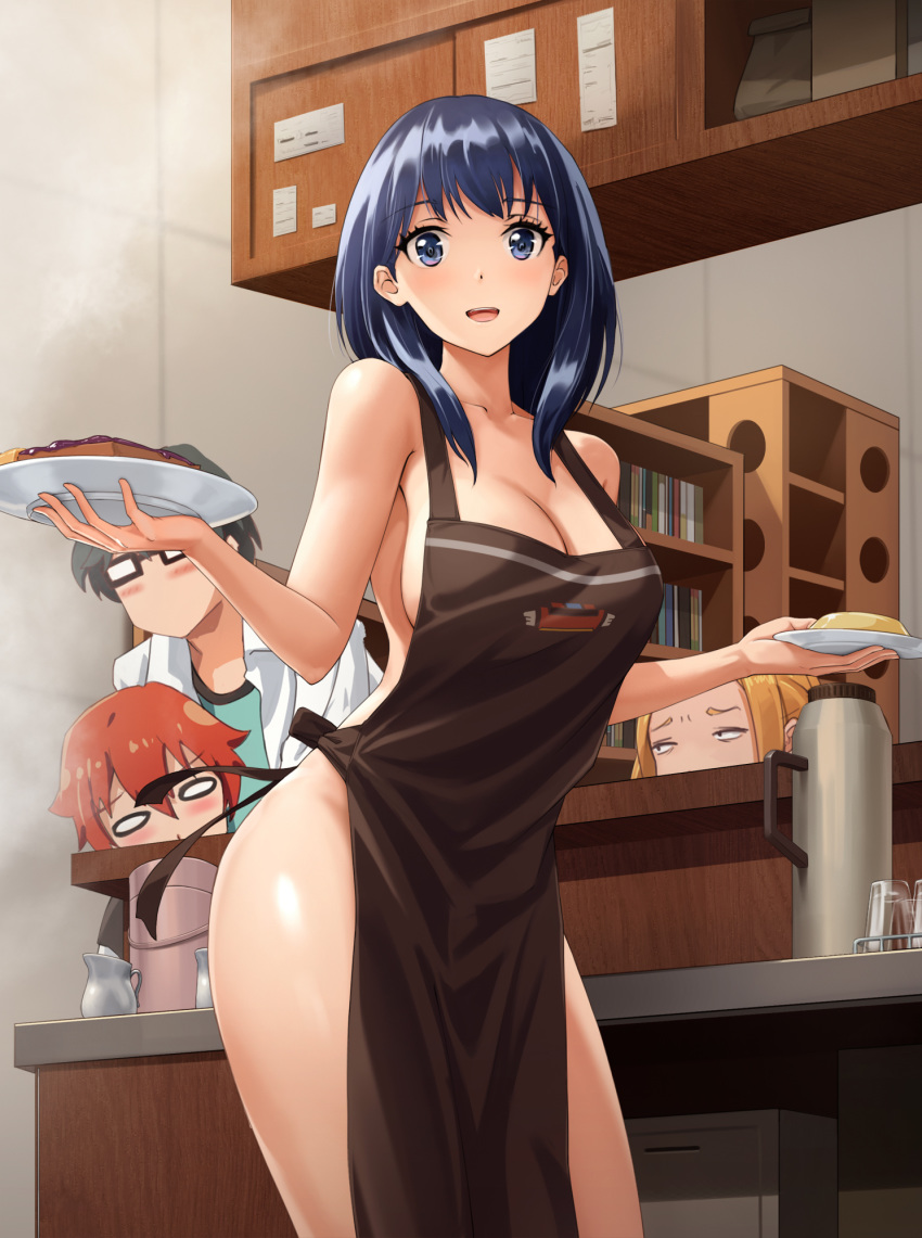 3boys :d apron black-framed_eyewear black_apron black_hair blue_eyes blue_hair blush borr breasts cleavage collarbone commentary_request counter cup drinking_glass eyebrows_visible_through_hair glasses hair_between_eyes hibiki_yuuta highres holding holding_plate indoors large_breasts looking_at_viewer multiple_boys naked_apron obaoba_(monkeyix) open_mouth plate red_hair shelf smile ssss.gridman takarada_rikka upper_teeth utsumi_shou wide_oval_eyes