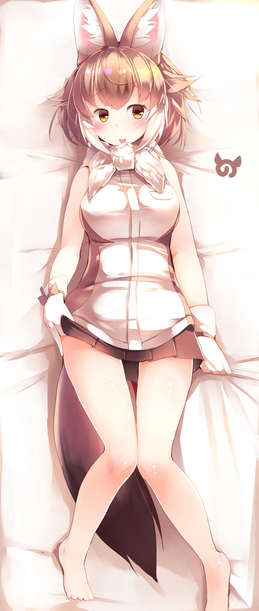1girl :d absurdres animal_ear_fluff animal_ears bare_arms bare_legs barefoot bed_sheet black_skirt blonde_hair commentary_request dakimakura dhole_(kemono_friends) dog_ears dog_tail extra_ears eyebrows_visible_through_hair from_above full_body fur_collar gloves highres japari_symbol kanzakietc kemono_friends looking_at_viewer lying on_back open_mouth pleated_skirt sheet_grab shirt short_hair skirt sleeveless sleeveless_shirt smile solo tail white_gloves wrist_cuffs yellow_eyes