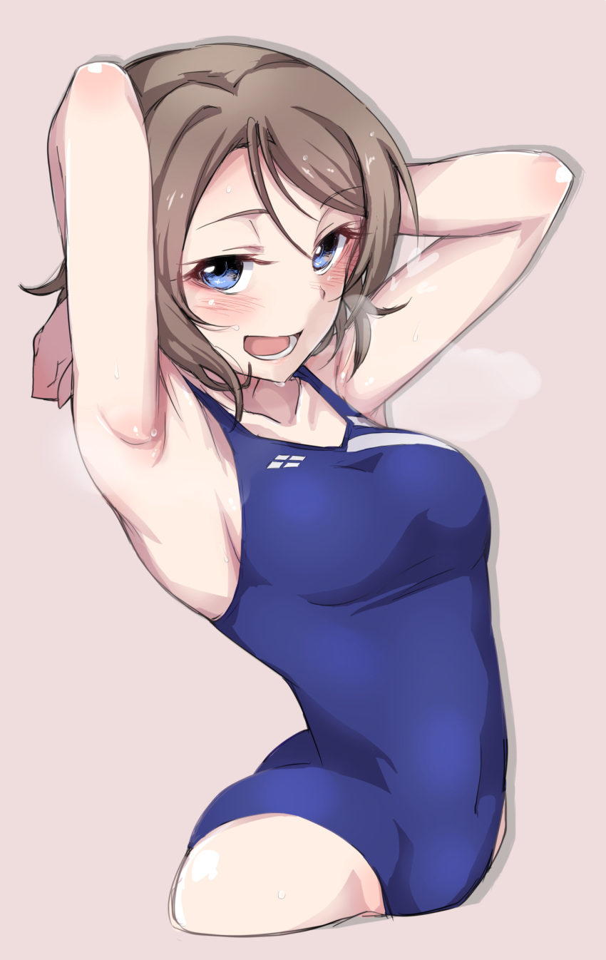 :d armpits arms_behind_back arms_up ass blue_eyes breasts brown_hair competition_swimsuit covered_navel cropped_legs half-closed_eyes heavy_breathing highres looking_at_viewer love_live! love_live!_sunshine!! medium_breasts nasuno_(nasuno42) one-piece_swimsuit open_mouth short_hair sideboob smile solo sweat swimsuit watanabe_you