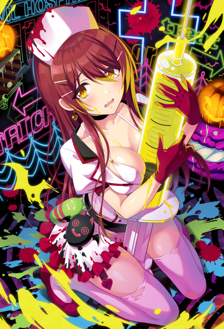 bangs between_breasts blood bloody_clothes blush bra breasts brown_hair choker cleavage collarbone commentary_request dress earrings eyebrows_visible_through_hair frilled_dress frills from_above gloves hair_between_eyes hair_ornament hairclip halloween hat highres idolmaster idolmaster_shiny_colors jewelry kneeling long_hair looking_at_viewer looking_up medium_breasts nurse nurse_cap oosaki_tenka open_mouth pink_legwear puffy_short_sleeves puffy_sleeves red_gloves short_dress short_sleeves solo syringe thighhighs torn_clothes torn_legwear underwear urabi_(tomatohouse) white_bra white_dress yellow_eyes