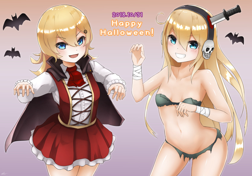 abercrombie_(azur_lane) albacore_(azur_lane) alternate_costume azur_lane bat blonde_hair blue_eyes breasts cape collarbone commentary_request english fang grin halloween halloween_costume headband highres knife_in_head long_hair looking_at_viewer medium_hair multiple_girls navel open_mouth simple_background small_breasts smile tosaka0002