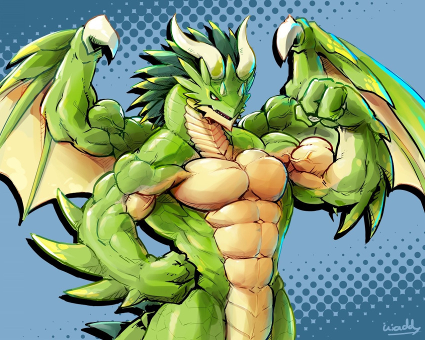 abs anthro biceps big_muscles claws dragalia_lost dragon fist flexing green_scales hair half-length_portrait horn male midgardsormr_(dragalia_lost) muscular muscular_male nude open_mouth pecs portrait pose red_eyes scales solo spines standing tan_scales vein waddledox wings