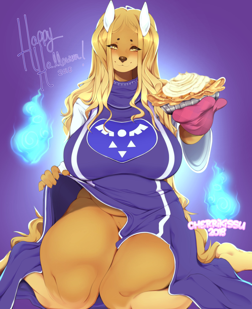 2018 anthro big_breasts breasts canine cherrikissu clothed clothing clothing_lift cosplay digital_media_(artwork) dog dogmom english_text female food hi_res holding_food holding_object looking_at_viewer mammal mature_female oven_mitt pie pussy saluki signature smile solo text thick_thighs toriel undertale video_games