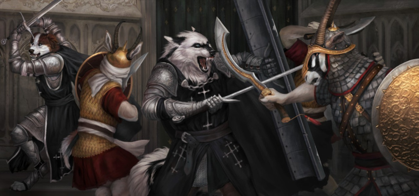 2018 4_toes 5_fingers antelope anthro black_lips black_nose bordercollie canine cathedral detailed_background digitigrade fight fur holding_object holding_weapon horn male mammal medieval melee_weapon open_mouth oryx saracen standing sword teeth templar toes tongue weapon white_fur wolf wolnir