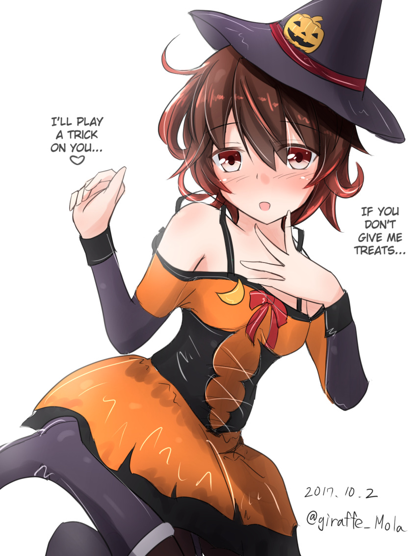 1girl alternate_costume black_dress black_legwear blush boots breasts brown_eyes brown_hair dated dress giraffe_(ilconte) halloween hard_translated hat highres jack-o'-lantern kantai_collection long_sleeves looking_at_viewer mutsuki_(kantai_collection) open_mouth pantyhose short_hair small_breasts smile solo translated twitter_username witch_hat