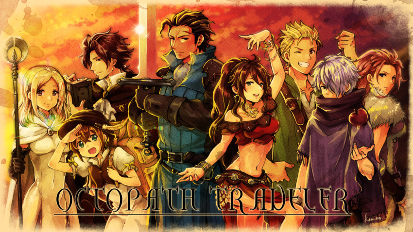 4girls alfyn_(octopath_traveler) apple backpack bag book copyright_name cyrus_(octopath_traveler) food forehead_scar fruit gloves h'aanit_(octopath_traveler) hat hat_feather jewelry midriff multiple_boys multiple_girls octopath_traveler olberic_eisenberg one_eye_closed ophilia_(octopath_traveler) poncho ponytail primrose_azelhart signature staff sunset sword therion_(octopath_traveler) tressa_(octopath_traveler) weapon