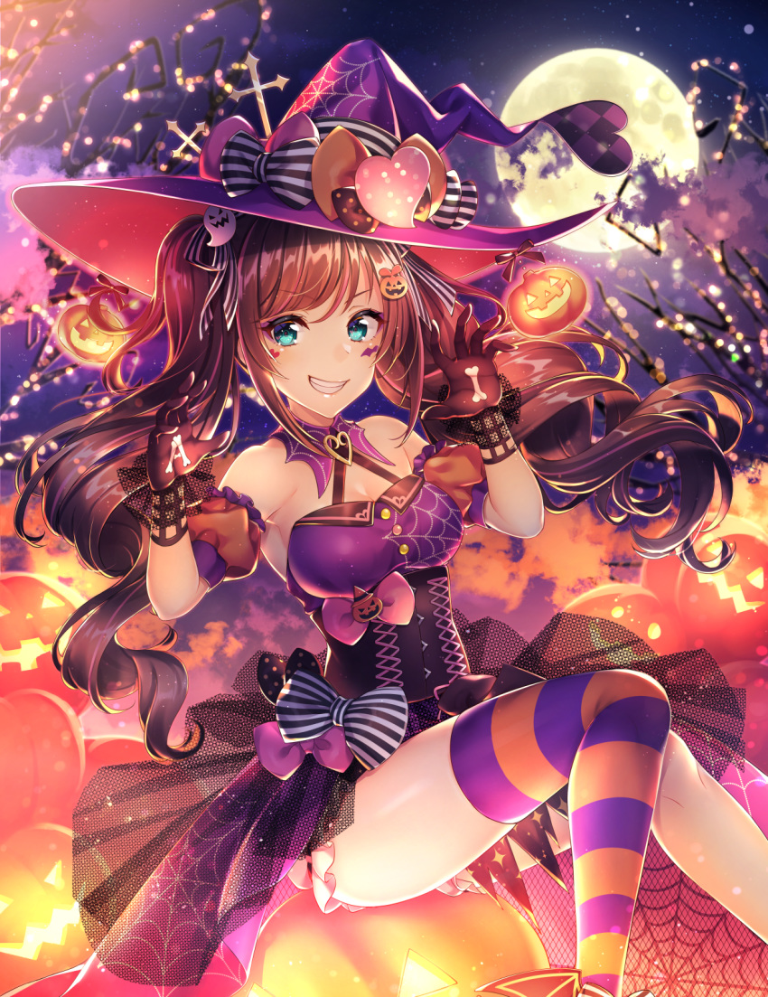a.i._channel arm_strap asymmetrical_legwear bangs black_gloves blue_eyes bow breasts brown_hair choker cleavage drill_hair floating_hair food_themed_hair_ornament full_moon gloves grin hair_ornament halloween halloween_costume halterneck hat hat_bow highres kitazume_kumie kizuna_ai long_hair looking_at_viewer medium_breasts moon orange_bow pink_bow pumpkin_hair_ornament purple_hat single_thighhigh sitting sky smile solo star_(sky) starry_sky striped striped_bow striped_legwear swept_bangs thighhighs twin_drills twintails very_long_hair virtual_youtuber witch_hat