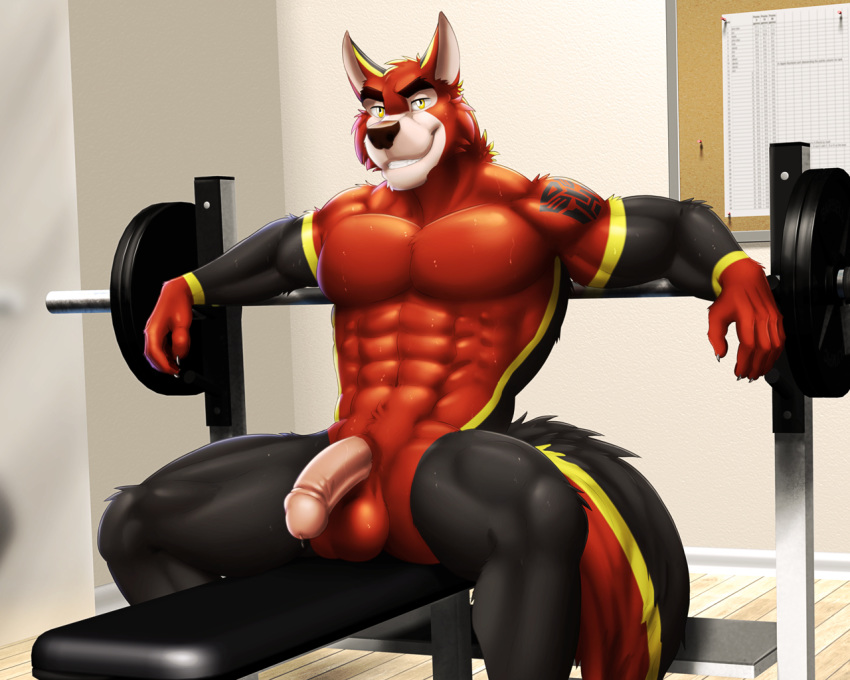 anthro balls big_penis bulge canine dream_and_nightmare exercise flaccid humanoid_penis male mammal muscular muscular_male nude penis solo spread_legs spreading sweat weights wolf workout