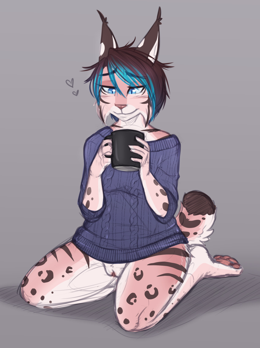 2018 5_fingers anthro black_hair blue_eyes bottomless catnamedfish cheek_tuft clitoris clothed clothing digital_media_(artwork) feline female fish_(catnamedfish) fur hair hi_res kneeling lynx mammal pink_nose pussy simple_background slit_pupils solo striped_fur stripes tuft