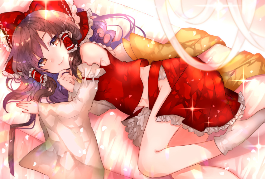 bed_sheet bow brown_eyes brown_hair detached_sleeves eyebrows_visible_through_hair frilled_hair_tubes frilled_skirt frills grey_sleeves hair_bow hakurei_reimu highres long_hair long_sleeves looking_at_viewer lying midriff miniskirt navel on_side open_clothes open_skirt red_bow red_shirt red_skirt ribbon-trimmed_sleeves ribbon_trim shirt skirt sleeveless sleeveless_shirt smile socks solo stomach sweetroad touhou white_legwear wide_sleeves yellow_neckwear