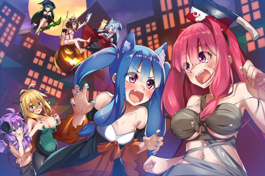 animal_ears barefoot blonde_hair blood blue_hair blush breasts brown_hair building city demon fang green_eyes green_hair group halloween hat horns knife kotonoha_akane kotonoha_aoi long_hair moon navel night no_bra nurse pantyhose parutoneru pink_eyes pink_hair pumpkin purple_eyes purple_hair scarf short_hair sky tagme_(character) tail touhoku_kiritan tsurumaki_maki twintails voiceroid wings witch witch_hat yuzuki_yukari