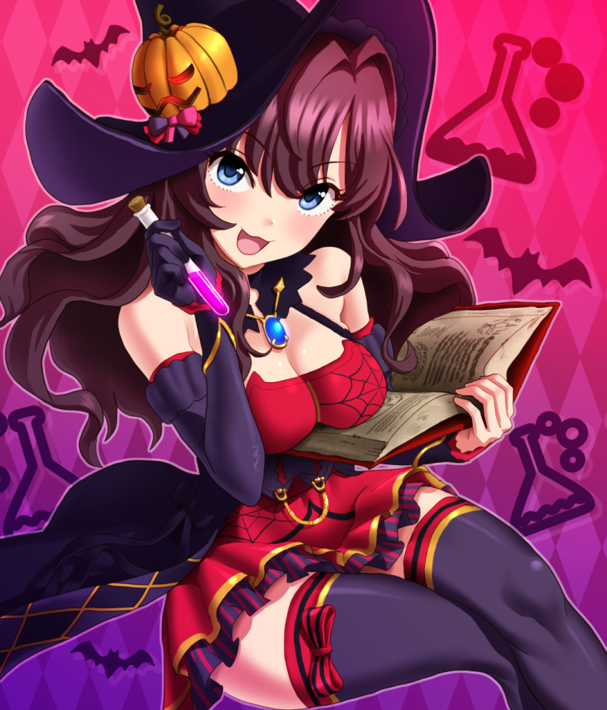 :3 :d argyle argyle_background bangs bare_shoulders black_gloves black_legwear blue_eyes blush book bow bow_legwear breasts brooch brown_hair cleavage commentary_request crossed_legs dress elbow_gloves eyebrows_visible_through_hair gloves hair_between_eyes halloween halloween_costume hat hat_ornament highres ichinose_shiki idolmaster idolmaster_cinderella_girls jack-o'-lantern jewelry kezune_(i-_-i) large_breasts long_hair looking_at_viewer open_book open_mouth red_dress smile solo spider_web_print test_tube thighhighs wavy_hair witch_hat