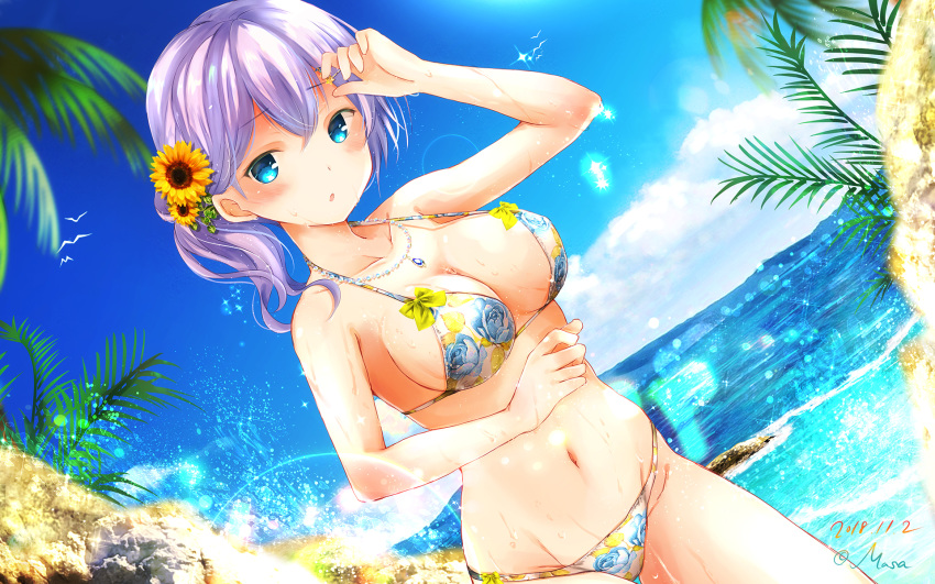 arm_up bare_shoulders beach bikini blue_eyes blue_hair blue_sky blush bow breasts chestnut_mouth cleavage cloud collarbone commentary_request dated day eyebrows_visible_through_hair floral_print flower girlfriend_(kari) glint groin hair_flower hair_ornament highres light_rays long_hair masa_(mirage77) murakami_fumio navel ocean outdoors partial_commentary print_bikini raised_eyebrows rock sky solo standing sunbeam sunflower sunlight swimsuit thighs tree underwear wallpaper water water_drop waves wet wet_clothes wet_swimsuit white_bikini yellow_bow