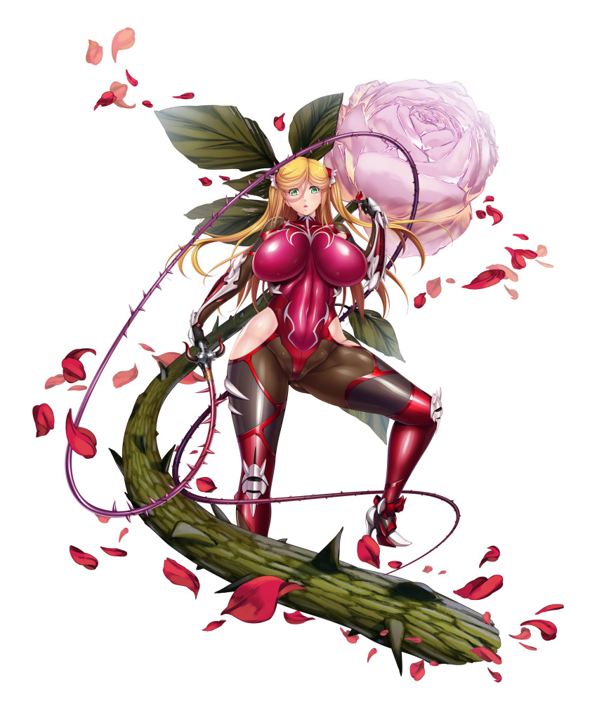 absurdres aoi_nagisa_(metalder) arm_guards armor bangs black_gloves blonde_hair bodysuit breasts covered_navel elbow_gloves eyebrows_visible_through_hair fishnets flower full_body gloves green_eyes hair_ornament high_heels highres holding holding_weapon huge_breasts impossible_bodysuit impossible_clothes kosaka_shizuru long_hair looking_at_viewer official_art parted_lips petals rose rose_petals shiny shiny_clothes shiny_hair shiny_skin simple_background skin_tight solo standing taimanin_(series) taimanin_asagi_kessen_arena taimanin_yukikaze taimanin_yukikaze_2 thighhighs thighs thorns weapon whip white_background