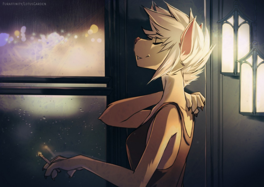 2016 anthro blonde_hair canine cigarette claws clothed clothing dog eyes_closed female frori fur hair inside lotusgarden mammal pink_nose relaxing shirt short_hair side_view solo tank_top window yellow_fur