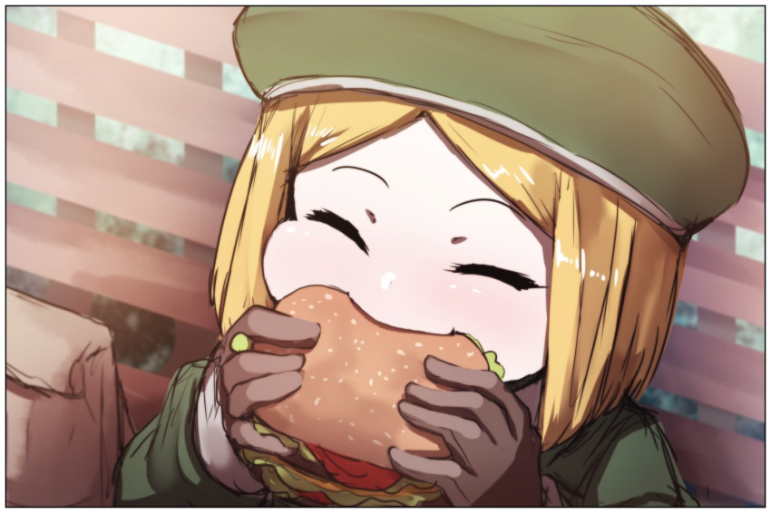 bad_id bad_twitter_id bag bangs bench beret blonde_hair blush brown_gloves closed_eyes commentary_request day eating facing_viewer fate/grand_order fate_(series) food forehead gloves green_hat green_jacket hamburger hat holding holding_food jacket long_sleeves on_bench outdoors paper_bag park_bench parted_bangs paul_bunyan_(fate/grand_order) sitting sleeves_past_wrists solo upper_body wada_kazu