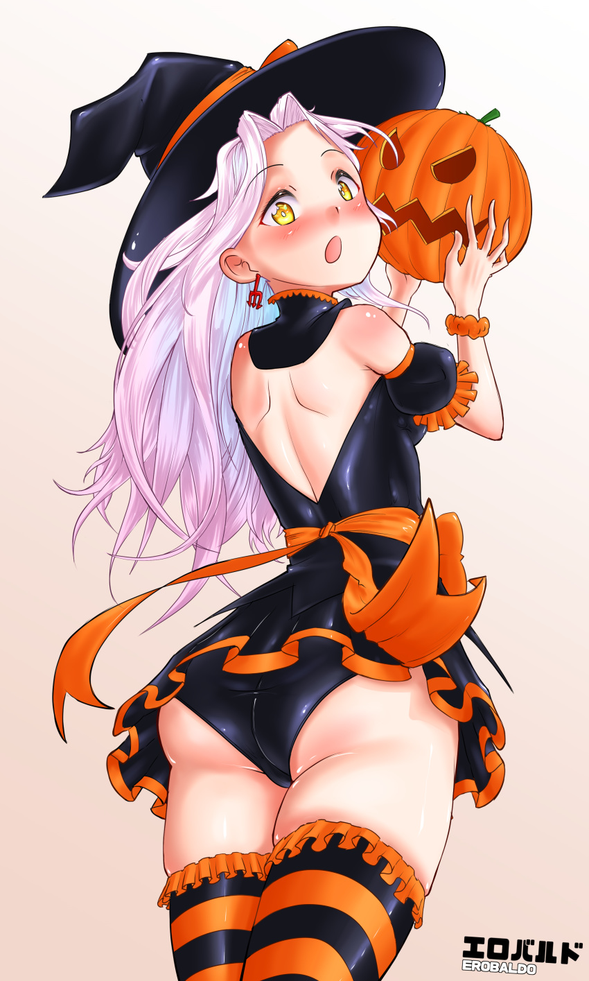 1girl artist_request ass back backless_outfit bare_shoulders blush breasts dress earrings from_behind halloween hat jack-o-lantern jewelry long_hair looking_at_viewer medium_breasts open_mouth original panties shiny shiny_clothes shiny_hair shiny_skin short_dress sideboob silver_hair solo striped striped_legwear thighhighs underwear upskirt yellow_eyes