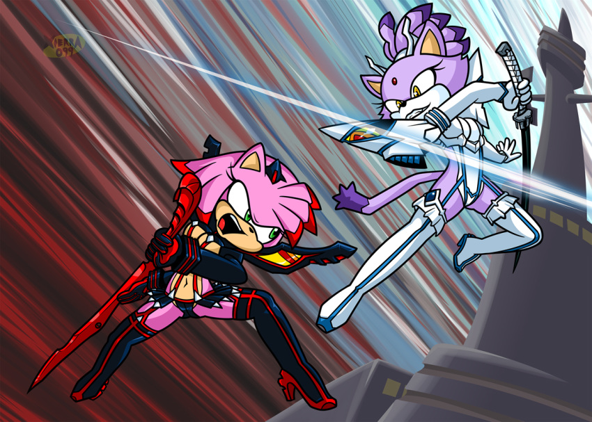 2018 amber_eyes amy_rose anthro blaze_the_cat breasts cat cleavage clothed clothing crossover duo feline female fight footwear fur green_eyes grin hedgehog high_heels junketsu kamui kill_la_kill mammal melee_weapon navel parody pink_fur pose purple_fur senketsu shoes skimpy smile sonic_(series) sword weapon xierra099