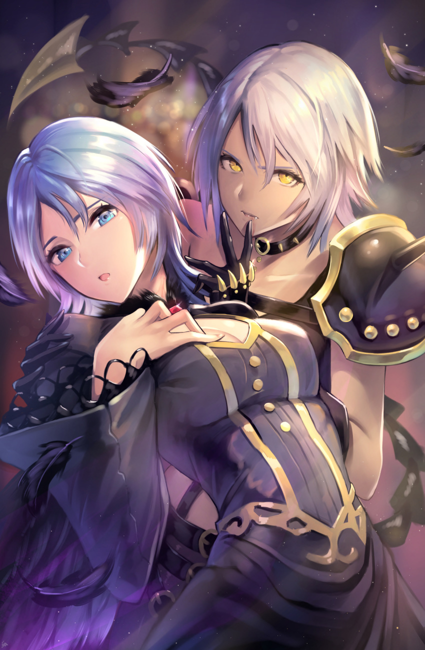 aqua_(kingdom_hearts) arm_around_shoulder asymmetrical_clothes black_dress black_feathers blue_eyes blue_hair blurry breasts brooch choker cleavage cleavage_cutout commentary_request dark_skin depth_of_field dress dual_persona fang feathers finger_to_mouth fur_collar fur_trim gogo_(detteiu_de) highres jewelry kingdom_hearts kingdom_hearts_iii leaning_back looking_at_viewer multiple_girls open_mouth short_hair shoulder_armor silver_hair spiked_choker spikes spoilers upper_body wide_sleeves yellow_eyes