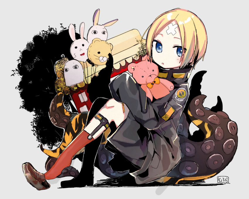 1girl :o abigail_williams_(fate/grand_order) balloon bangs black_bow black_jacket blonde_hair blue_eyes blush bow brown_footwear crossed_bandaids fate/grand_order fate_(series) fou_(fate/grand_order) grey_background hair_bow heroic_spirit_traveling_outfit highres jacket loafers long_sleeves looking_at_viewer medjed object_hug orange_bow parted_bangs parted_lips polka_dot polka_dot_bow red_legwear shoes sitting sleeves_past_fingers sleeves_past_wrists socks sofra solo stuffed_animal stuffed_toy suction_cups teddy_bear tentacle