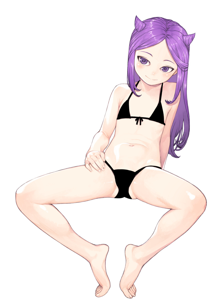 arm_support barefoot bikini black_bikini closed_mouth commentary_request feet flat_chest full_body hamada_yoshikazu highres horns long_hair looking_at_viewer navel official_art oriobana_ouna partial_commentary purple_eyes purple_hair shiny shiny_skin simple_background sitting smile solo spread_legs swimsuit toes tsugumomo white_background