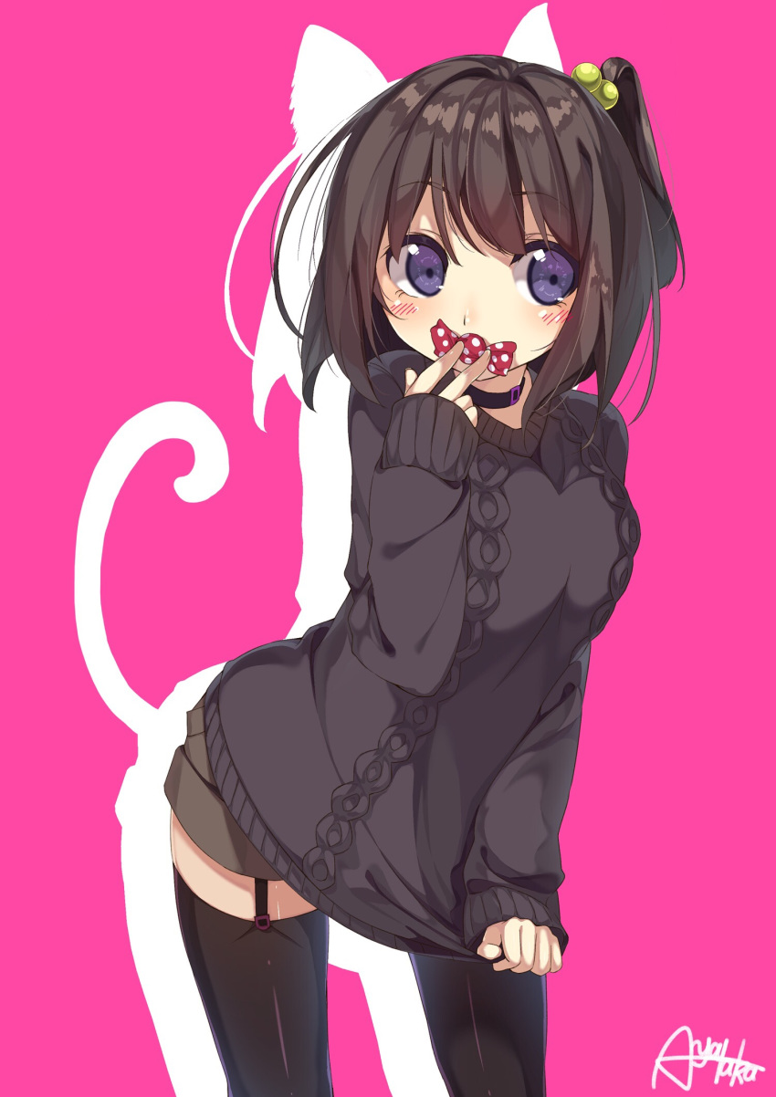 animal_ears artist_name ayataka black_legwear black_sweater breasts brown_hair candy cat_ears cat_tail clothes_tug commentary_request different_shadow food garter_straps hair_bobbles hair_ornament highres long_sleeves original purple_eyes short_hair short_shorts shorts side_ponytail silhouette simple_background sleeves_past_wrists solo sweater sweater_tug tail thighhighs