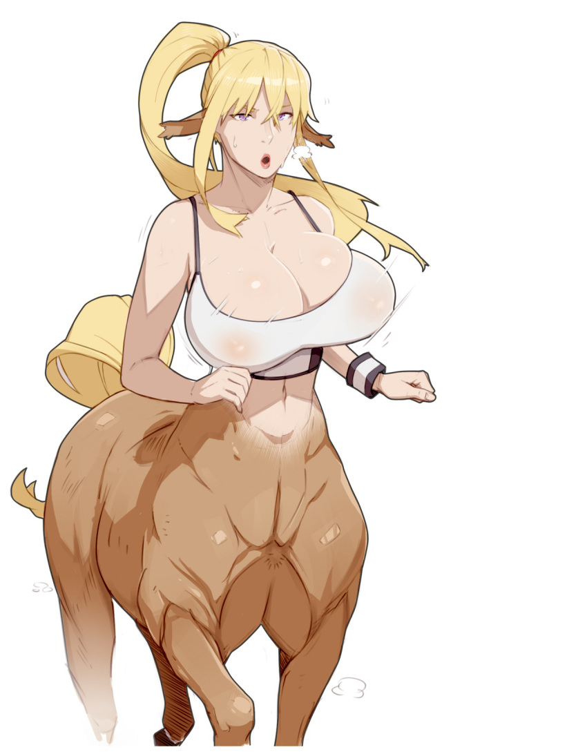 1girl animal_ears bangs bare_arms bare_shoulders blonde_hair bottomless bouncing_breasts breasts centaur centorea_shianus cleavage commentary covered_nipples crossed_bangs english_commentary exercise hair_between_eyes heavy_breathing highres horse_ears horse_tail huge_breasts long_hair looking_at_viewer materclaws monster_girl monster_musume_no_iru_nichijou motion_lines parted_lips ponytail purple_eyes running signature simple_background solo sports_bra tail unaligned_breasts white_background