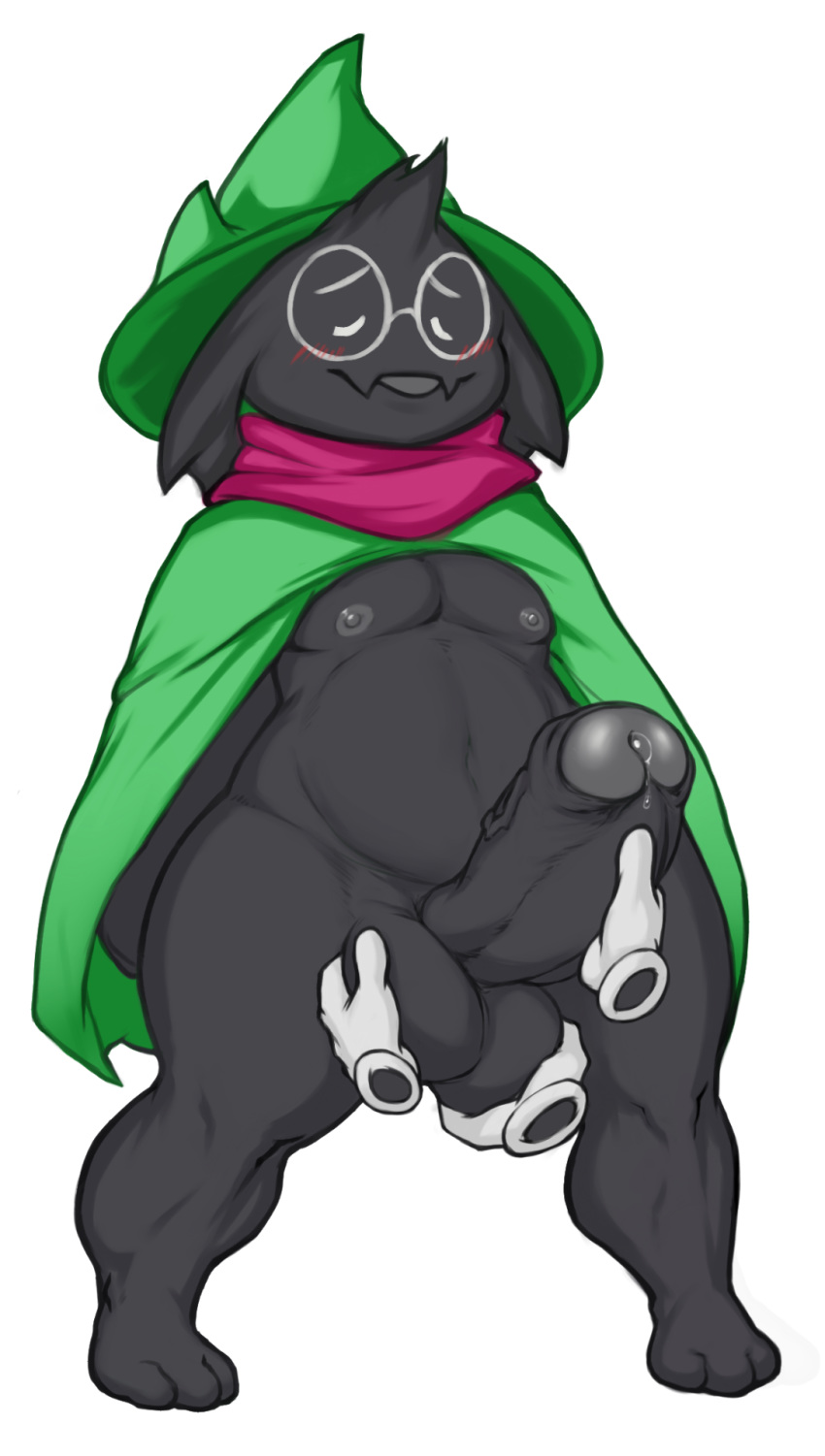 ball_fondling balls big_balls black_fur blush caprine deltarune eyes_closed floating fondling fur goat hat magic_user male mammal nipples ralsei scarf short_stack slightly_chubby solo undertale v-sarg video_games