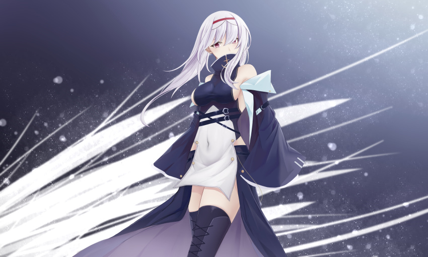absurdres arm_strap azur_lane bangs belt belt_buckle belt_collar black_legwear black_skirt blue_hairband boots breasts buckle cleavage coat colorado_(azur_lane) commentary covered_navel detached_sleeves dress expressionless groin hair_over_one_eye hairband highres jacket_on_shoulders large_breasts light_particles long_hair looking_at_viewer medium_breasts multiple_straps off_shoulder open_clothes open_skirt pelvic_curtain qiye_luoying red_eyes sideboob sidelocks silver_hair skindentation skirt sleeveless sleeveless_dress sleeves_past_fingers sleeves_past_wrists solo standing thigh_boots thighhighs thighs white_hair wide_sleeves wind