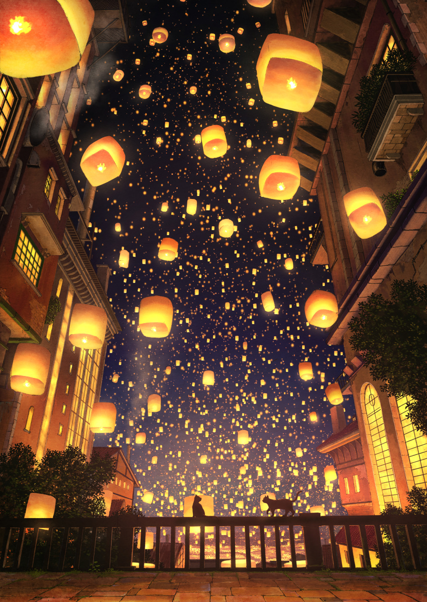 balcony building cat chimney city city_lights cityscape commentary_request drainpipe grass highres lantern light night night_sky no_humans orange_(color) original outdoors paper_lantern pavement pei_(sumurai) plant railing scenery silhouette sky sky_lantern smoke tree window