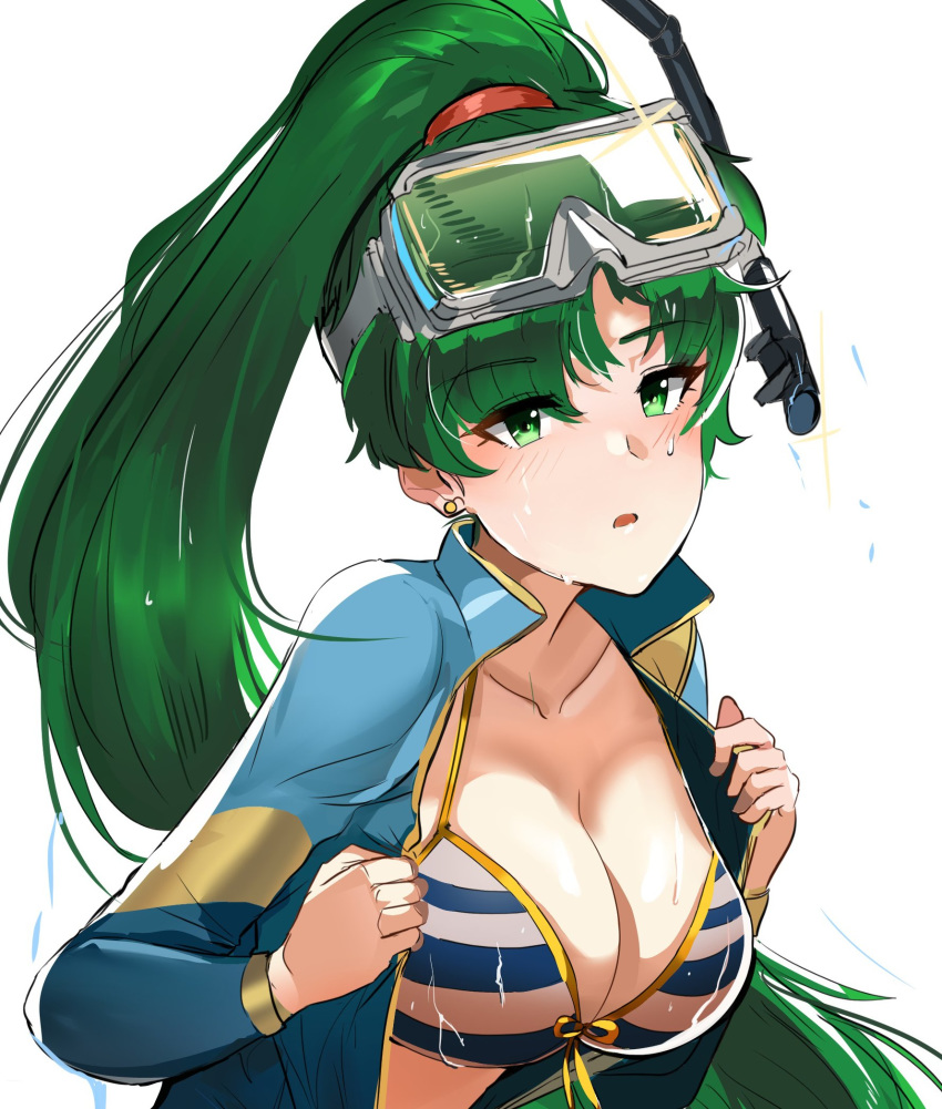 breasts cleavage collarbone earrings eyebrows_visible_through_hair fire_emblem fire_emblem:_rekka_no_ken front-tie_bikini front-tie_top green_eyes green_hair high_ponytail highres jewelry large_breasts long_hair lyndis_(fire_emblem) open_mouth open_wetsuit ormille simple_background solo striped_bikini_top upper_body very_long_hair wet wetsuit white_background