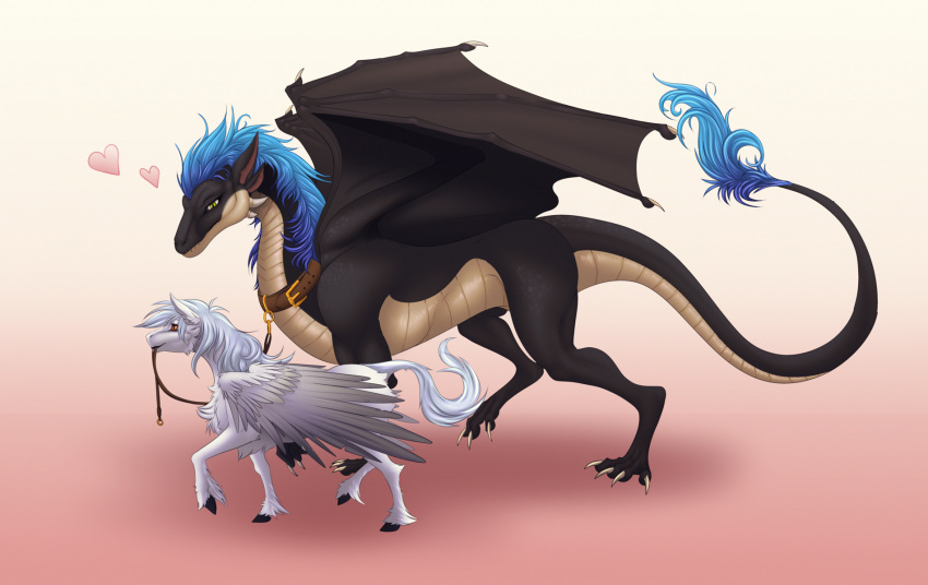 &lt;3 2018 blue_hair digital_media_(artwork) dragon duo equine feathered_wings feathers female feral green_eyes hair hi_res hooves kanevex male mammal membranous_wings pegasus quadruped scalie simple_background western_dragon wings