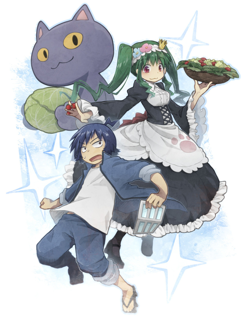 1girl :3 black_legwear blue_hair blue_jacket blue_pants breasts cat crown food geta green_hair hairband highres holding holding_food jacket kuroi_ginko kuroi_souya lama_(kusuriya) large_breasts lettuce long_hair long_sleeves looking_at_viewer maid mask mask_removed mini_crown pants planet_with puffy_sleeves red_eyes salad sensei_(planet_with) shirt sidelocks skirt t-shirt tilted_headwear twintails white_shirt yellow_sclera