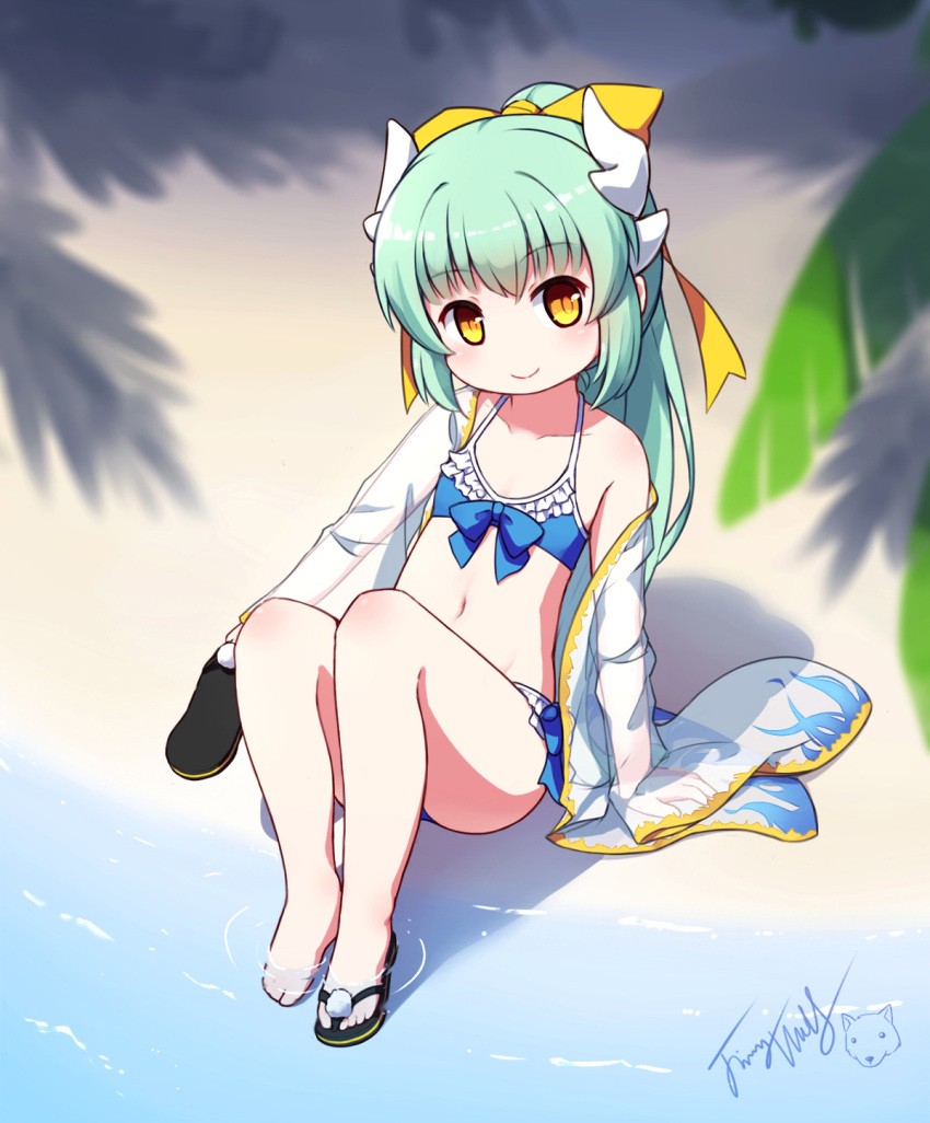 arm_support bangs bare_legs bare_shoulders barefoot beach bikini black_footwear blue_bikini blurry blurry_foreground blush bow brown_eyes closed_mouth collarbone day depth_of_field dragon_horns eyebrows_visible_through_hair fate/grand_order fate_(series) frilled_bikini frills green_hair hair_between_eyes hair_bow hair_ribbon head_tilt highres holding holding_shoes horns japanese_clothes kimono kiyohime_(fate/grand_order) kiyohime_(swimsuit_lancer)_(fate) langbazi long_sleeves looking_at_viewer navel off_shoulder open_clothes open_kimono outdoors palm_tree ponytail revision ribbon sand sandals see-through shoes signature single_sandal sitting smile solo swimsuit tree water white_kimono wide_sleeves yellow_bow yellow_ribbon younger