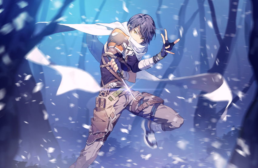 bare_tree belt belt_pouch black_gloves black_hair covered_mouth cowboy_shot dagger eiyuu_densetsu fingerless_gloves forest glint gloves highres joshua_astray long_sleeves looking_at_viewer motion_blur nature pants pouch scarf shirt shoes short_hair shoulder_armor snow solo sora_no_kiseki thigh_strap tree weapon white_scarf yellow_eyes yohan12