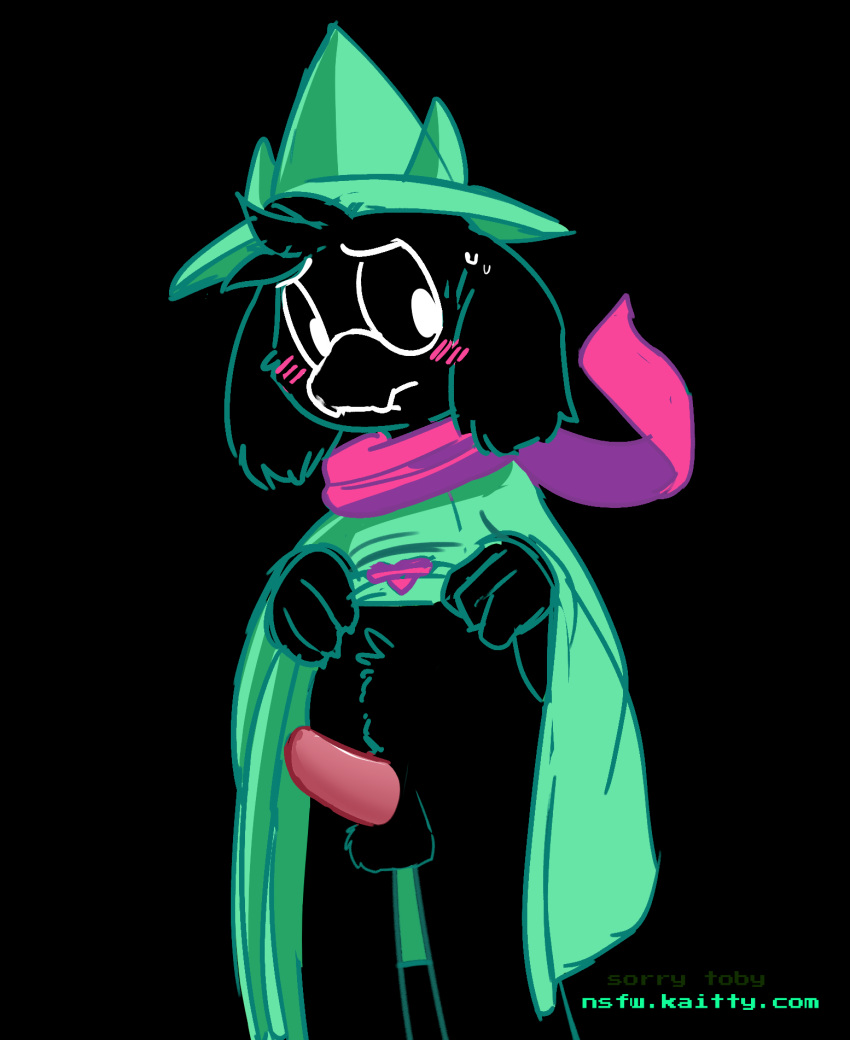 anthro balls black_fur blush clothing_lift deltarune erection fur hat hi_res kaittycat male nude penis ralsei scarf simple_background solo standing tapering_penis