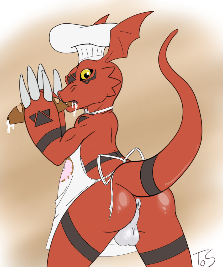 apron baker balls big_butt bread butt clothing costume digimon food guilmon hat hi_res scalie theoryofstrings