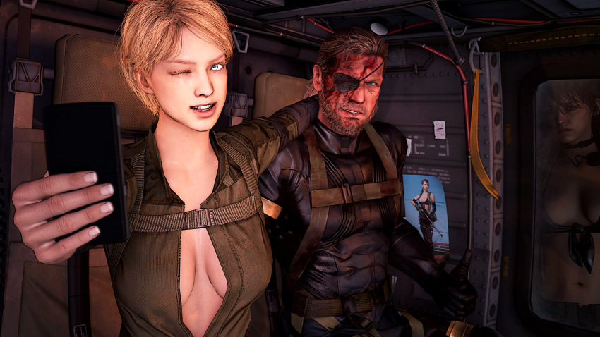 1boy 1girl 3d arm_over_shoulder bangs beard big_boss blonde_hair blue_eyes bodysuit breasts cellphone eyepatch facial_hair laughing_wallaby medium_breasts metal_gear_(series) metal_gear_solid metal_gear_solid_v mustache no_bra parted_bangs phone quiet_(metal_gear) self_shot smartphone smile unzipped vehicle_interior venom_snake wink