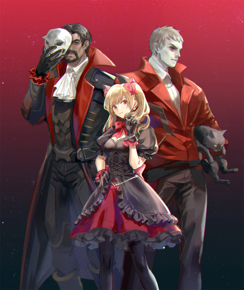 2boys achyue alternate_costume animal_ears armor beard belt black_cat black_cat_d.va black_coat black_gloves black_hair black_legwear black_pants blonde_hair bow bowtie bracelet breasts cat cat_ears cleavage closed_mouth coat commentary cravat d.va_(overwatch) dracula_reaper dress earrings facial_hair fang fang_out feet_out_of_frame frilled_dress frilled_sleeves frills gloves gothic_lolita gradient gradient_background hair_bow hand_on_hip hand_up heart heart_earrings height_difference highres holding holding_cat holding_mask immortal_soldier:_76 jacket jewelry layered_dress legs_apart lipstick lolita_fashion long_hair long_sleeves makeup mask medium_breasts multiple_boys open_clothes open_coat overwatch pale_skin pants pantyhose parted_lips pearl_bracelet pink_bow pink_eyes pink_lips pink_neckwear puffy_short_sleeves puffy_sleeves purple_background reaper_(overwatch) red_eyes red_jacket shirt short_sleeves soldier:_76_(overwatch) standing twintails white_hair white_neckwear white_shirt