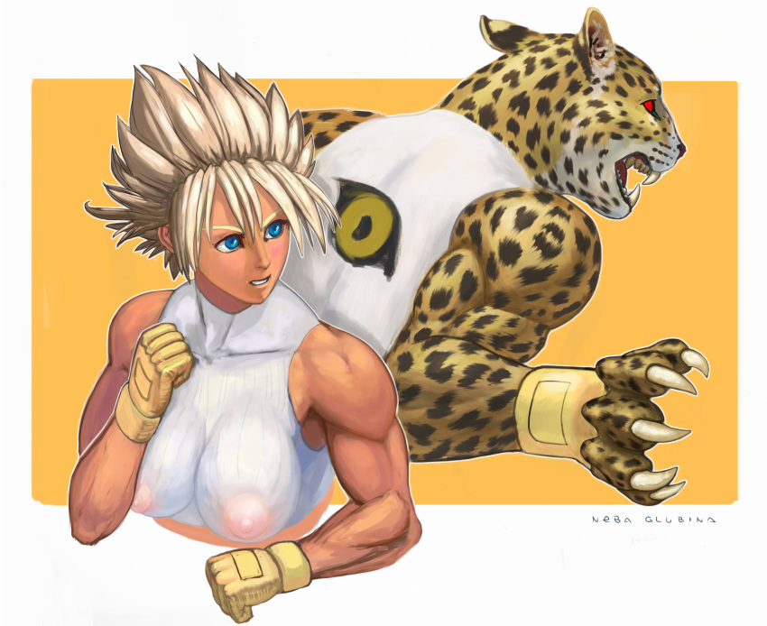 bloody_roar blue_eyes breasts claws clothing feline female gloves hi_res human impossible_clothes leopard male mammal muscular muscular_female muscular_male nebaglubina nipples red_eyes shina_(bloody_roar)