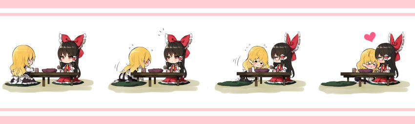 &gt;_&lt; 2girls all_fours apron ascot black_dress black_hair blonde_hair blush bow bowl brown_eyes commentary_request cup dress flying_sweatdrops frilled_apron frilled_bow frills from_behind hair_tubes hakurei_reimu heart highres jitome kirisame_marisa long_hair long_sleeves looking_at_another multiple_girls multiple_views no_hat no_headwear parted_lips petticoat pink_background piyokichi profile puffy_sleeves red_bow red_dress ribbon-trimmed_sleeves ribbon_trim shirt sidelocks sitting table touhou two-tone_background waist_apron white_apron white_background white_shirt wide_sleeves yellow_neckwear yuri