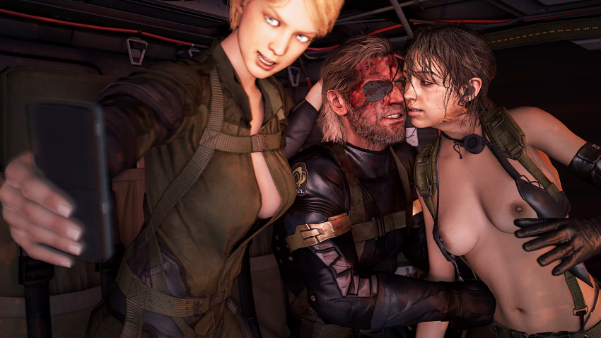 1boy 2girls age_difference beard big_boss blonde_hair blurry breasts cellphone depth_of_field eyepatch facial_hair gloves laughing_wallaby looking_at_another medium_breasts metal_gear_(series) metal_gear_solid metal_gear_solid_v multiple_girls mustache navel no_bra phone quiet_(metal_gear) self_shot smartphone suspenders topless venom_snake