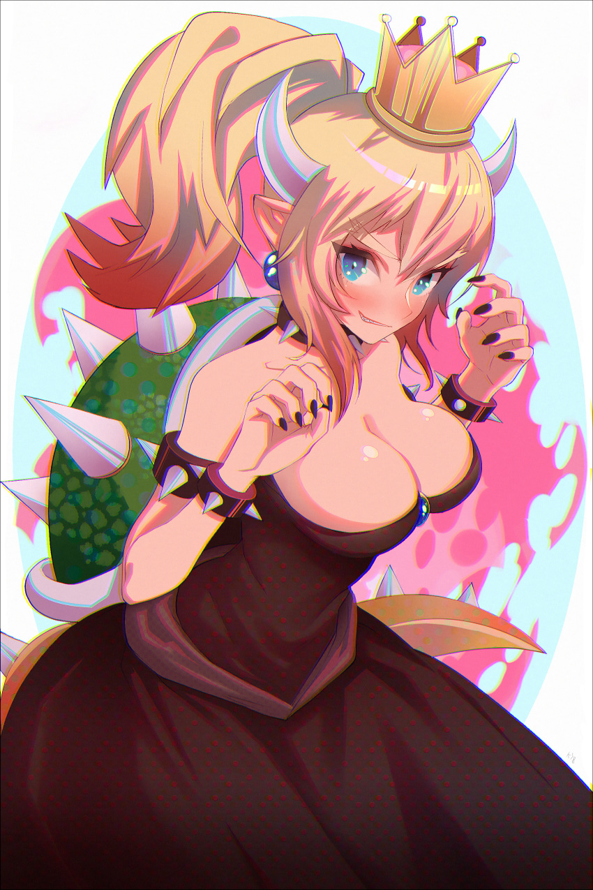 absurdres aqua_eyes bangs black_dress black_nails blonde_hair blue_earrings bowsette bracelet breasts chromatic_aberration chromatic_aberration_abuse cleavage collar dress fingernails grin hair_between_eyes hands_up highres horns huge_filesize jewelry kraitzz large_breasts long_ponytail looking_at_viewer mario_(series) nail_polish new_super_mario_bros._u_deluxe pointy_ears reflective_eyes revision sharp_fingernails sharp_teeth shiny shiny_hair shiny_skin short_hair sidelocks smile solo spiked_bracelet spiked_collar spiked_shell spiked_tail spikes star star_in_eye strapless strapless_dress symbol_in_eye tail teeth