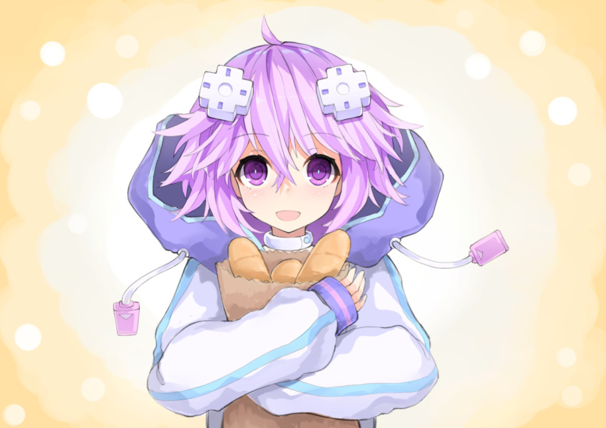 blush bread choker commentary d-pad d-pad_hair_ornament eyebrows_visible_through_hair food hair_between_eyes hair_ornament hood hooded_jacket jacket looking_at_viewer neptune_(choujigen_game_neptune) neptune_(series) open_mouth purerin purple_eyes purple_hair short_hair smile solo white_choker