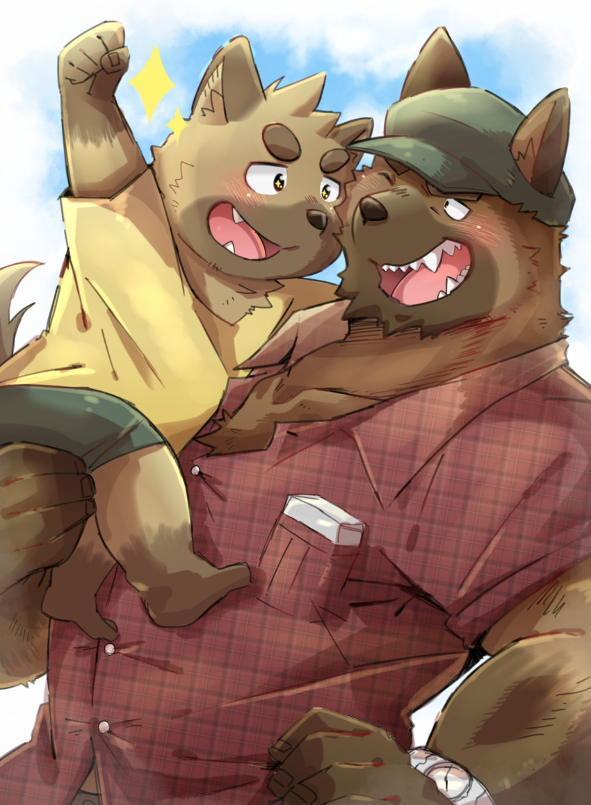 age_difference anthro barefoot baseball_cap biped black_nose blush box brown_fur canine carrying child clothed clothing cloud cub duo eyebrows father father_and_son fully_clothed fur fur_markings furgonomics gloves_(marking) happy hat head_tuft hi_res inner_ear_fluff kemono koginoro_28 larger_male lifted male mammal markings muscular older_male one_eye_closed open_mouth open_smile parent pocket raised_arm shirt shorts size_difference sky smile socks_(marking) son sparkles teeth thick_eyebrows tongue watch wink wolf young younger_male