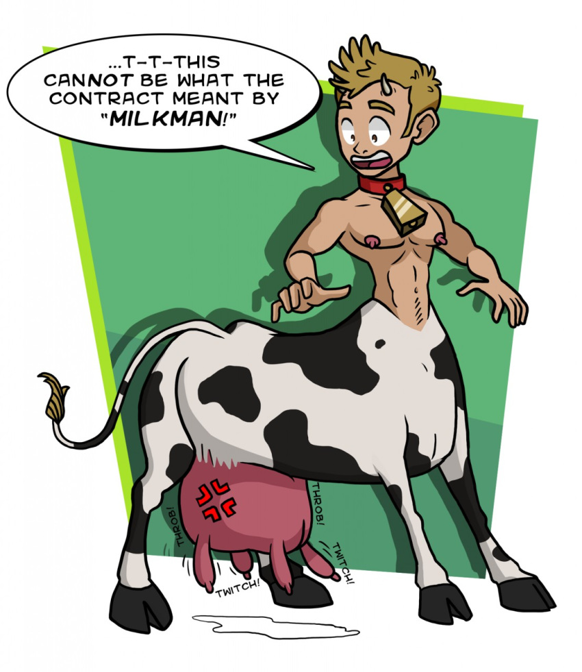 2018 abstract_background bovine bucentaur cattle clothed clothing comic cowbell digital_media_(artwork) english_text fully_clothed hair hi_res human humanoid lactating male mammal pan-demonium phil short_hair solo speech_bubble standing taur teats text toony transformation udders